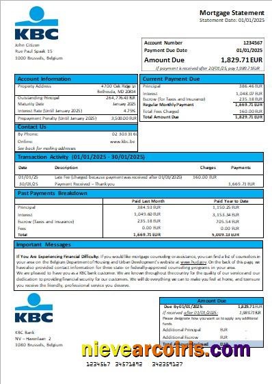 Belgium KBC bank mortgage statement